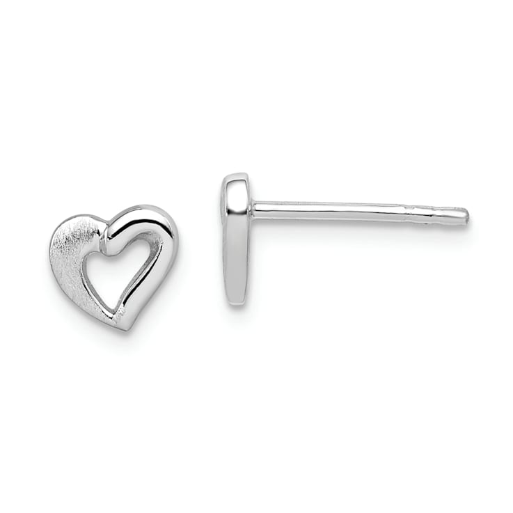 Rhodium Over Sterling Silver Polished and Brushed Open Heart Post Earrings