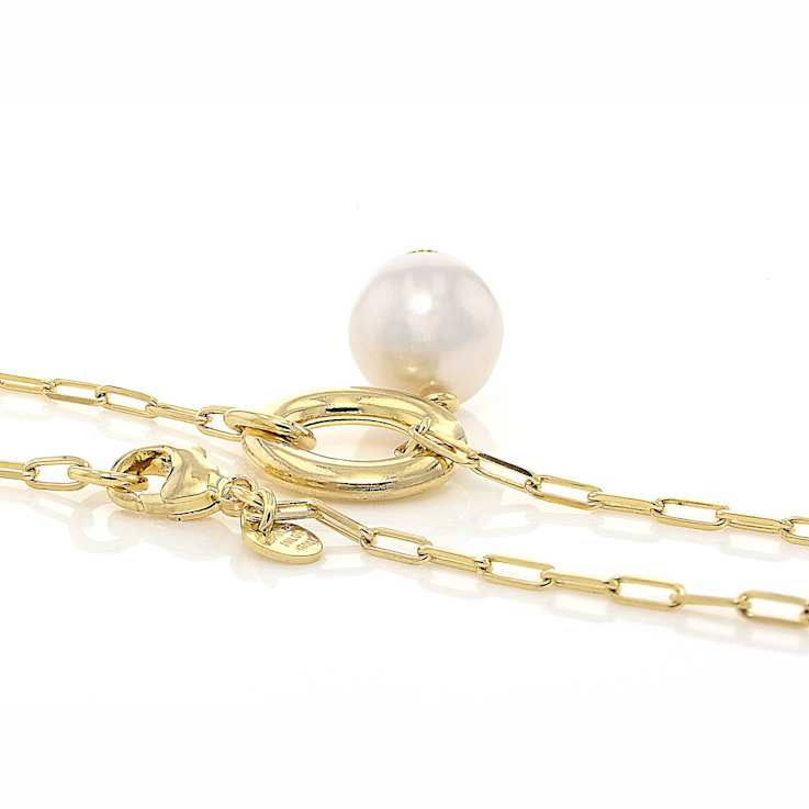 Cultured Freshwater Pearl Lariat Necklace In 18K Gold Over Bronze 20 Inch