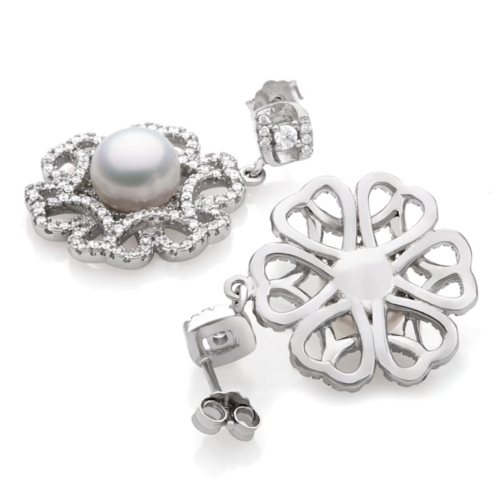 Sterling Silver Freshwater Pearl and Cubic Zirconia Earring