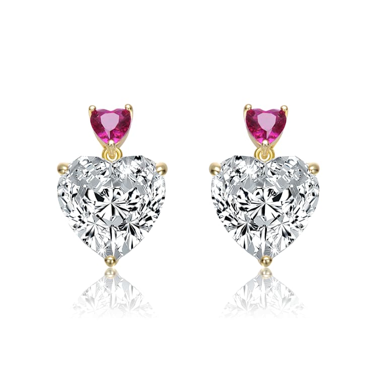 Ruby Color CZ Two-Stone Heart Drop Earrings In 14K Gold Over Sterling Silver