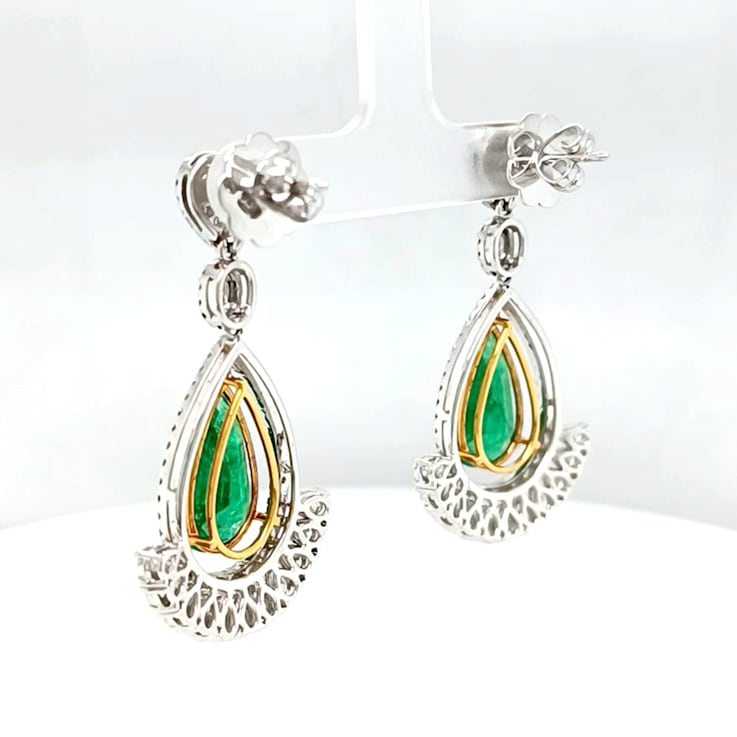 9.00 Ctw Emerald and 3.80 Ctw White Diamond Earring in 18K WG