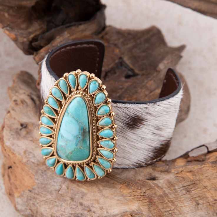 Barse Jewelry Composite Turquoise and Cowhide Gold Tone Cowgirl Up Cuff Bracelet