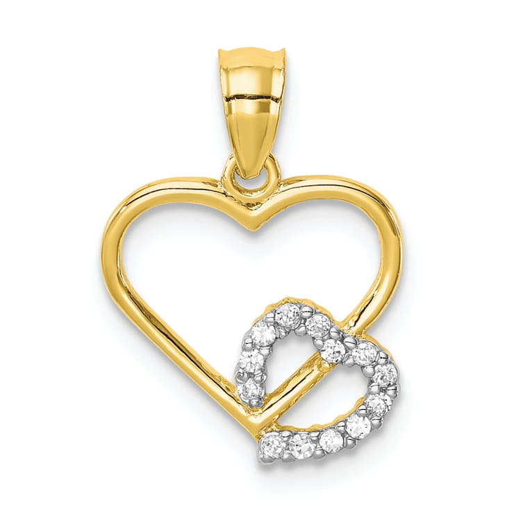 10k Yellow Gold and Rhodium Over 10k Yellow Gold Cubic Zirconia Heart in
Heart Pendant
