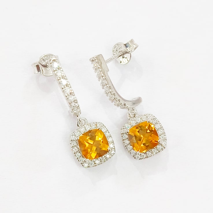Yellow Cushion Citrine earrings with Moissanite Rhodium Over Sterling
Silver Halo Drop Earrings