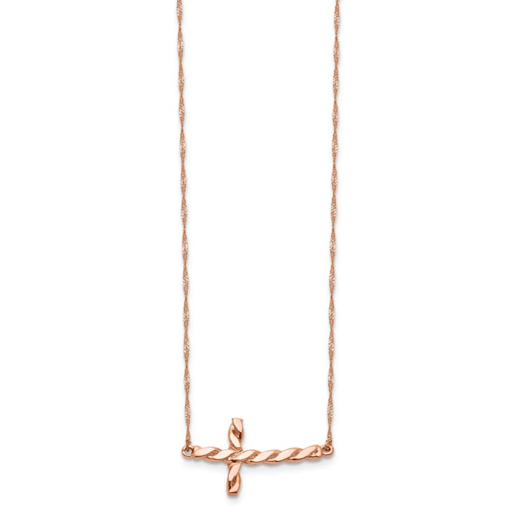 14K Rose Gold Polished Twisted Sideways Cross 17-inch Necklace