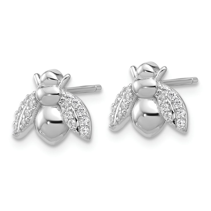 Rhodium Over Sterling Silver Polished Cubic Zirconia Bee Post Earrings