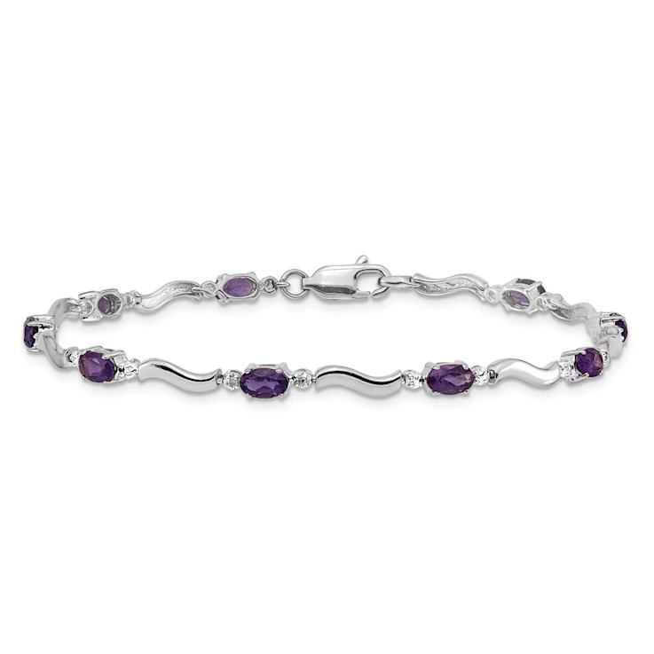 Rhodium Over 10k White Gold Diamond and Amethyst Bracelet