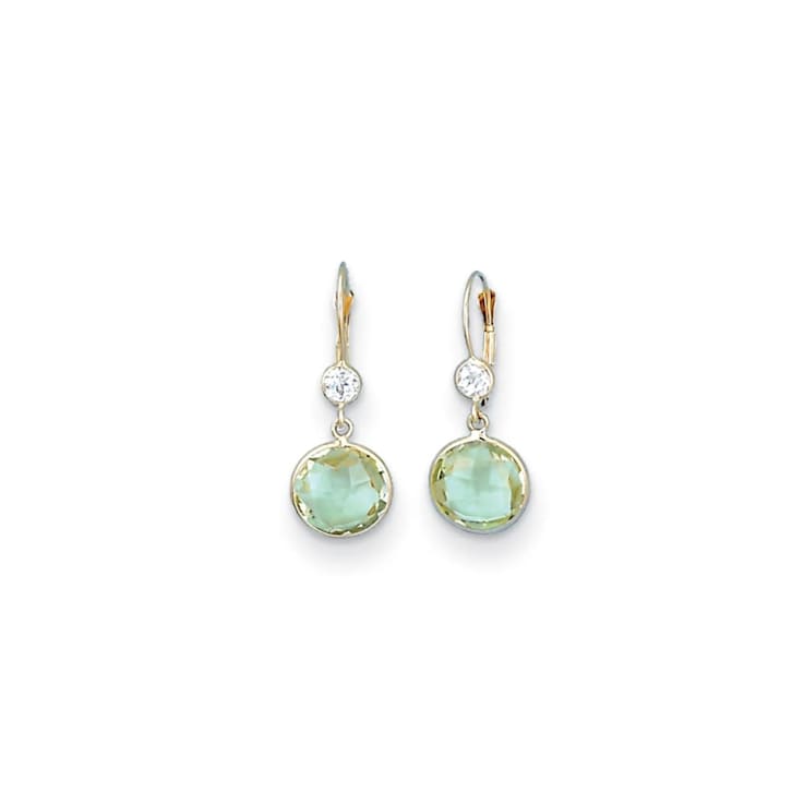 14K Yellow Gold Green Prasiolite and  White Topaz Dangle Earrings