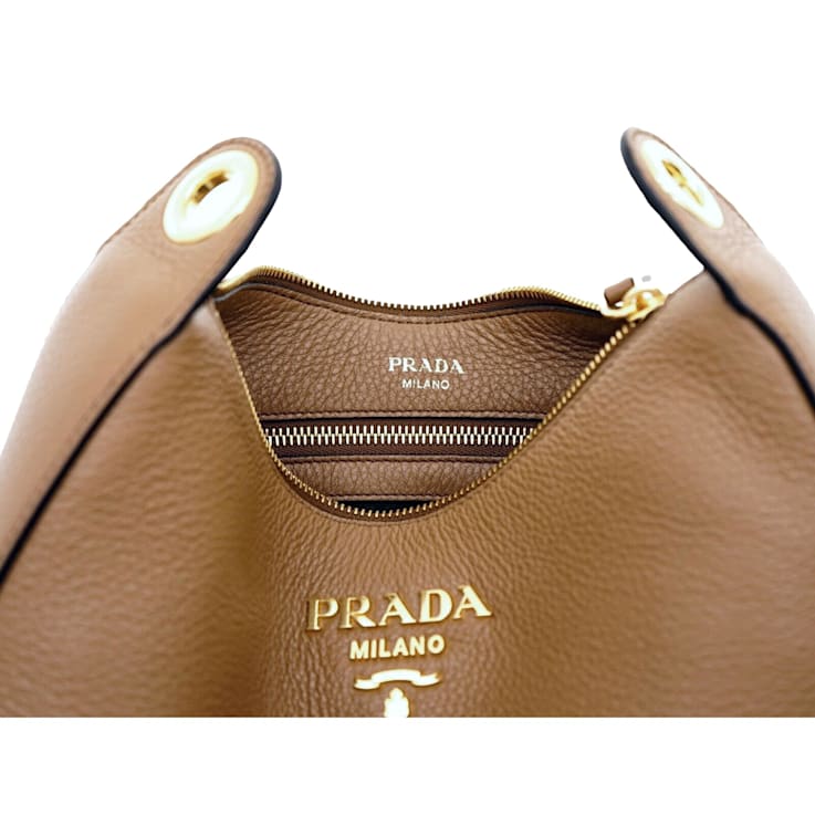 Prada Vitello Phenix Caramel Brown Leather Web Stripe