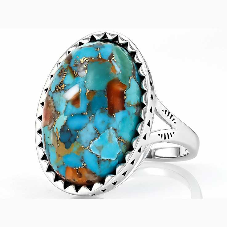 Turquoise And Spiny Oyster Shell Ring In Sterling Silver