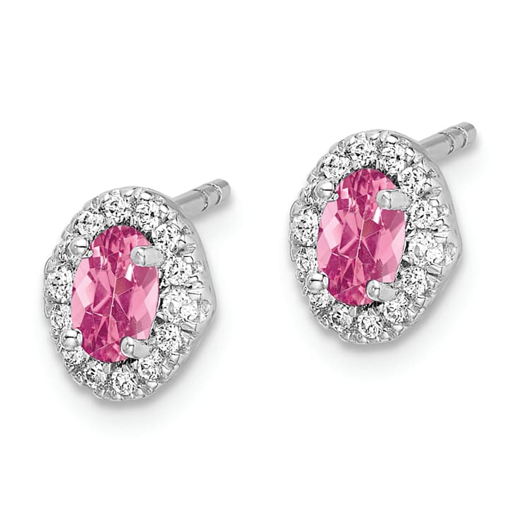 Rhodium Over 14K White Gold Diamond and Cabochon Pink Tourmaline Earrings