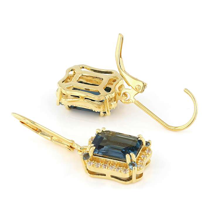 Blue Topaz And White Zircon Dangle Earrings In 18K Gold Over Sterling
Silver 5.31ctw