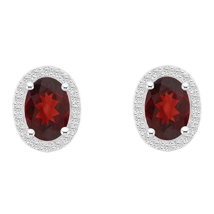 7x5mm Oval Garnet And Created White Sapphire 10k White Gold Halo Stud Earrings