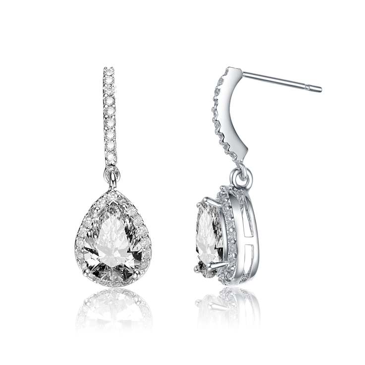 CZ Teardrop Halo Drop Earrings In Sterling Silver