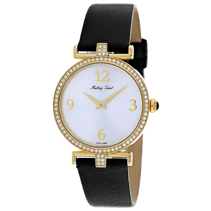 Mathey Tissot Women's Gaia White Dial, Yellow Bezel, Black Leather Strap Watch