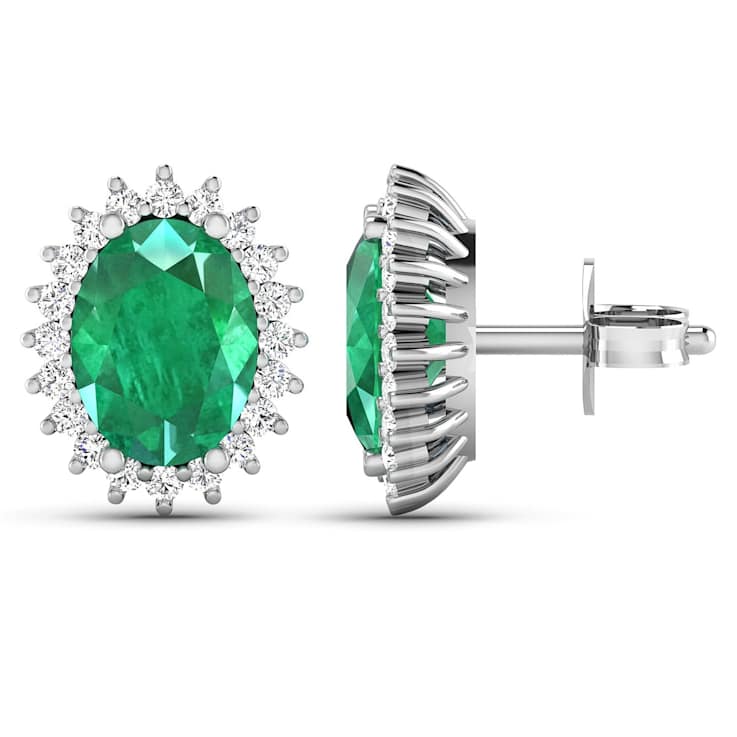 2.0ctw 14K White Gold  Zambian Green Emerald and White Diamond Halo Earrings
