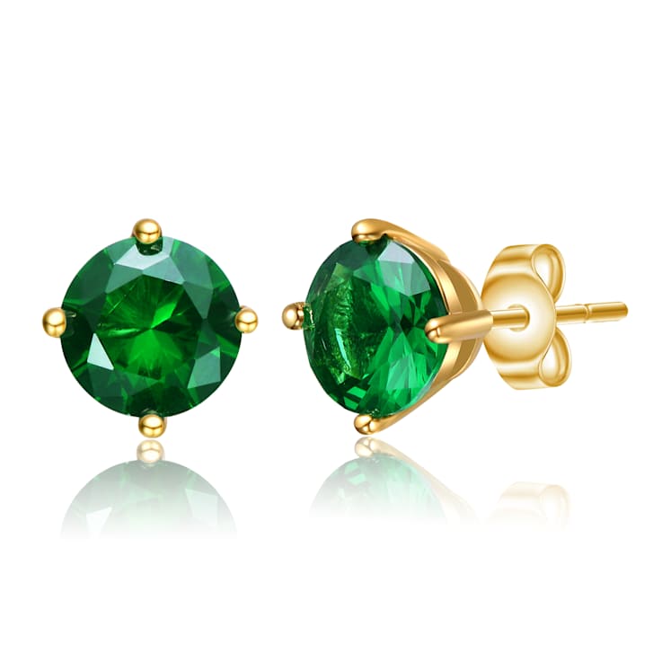 Emerald Color CZ Stud Earrings In 14K Gold Over Brass