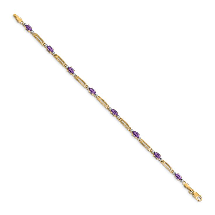 10k Yellow Gold and Rhodium Over 10k Yellow Gold Diamond and Amethyst Bracelet