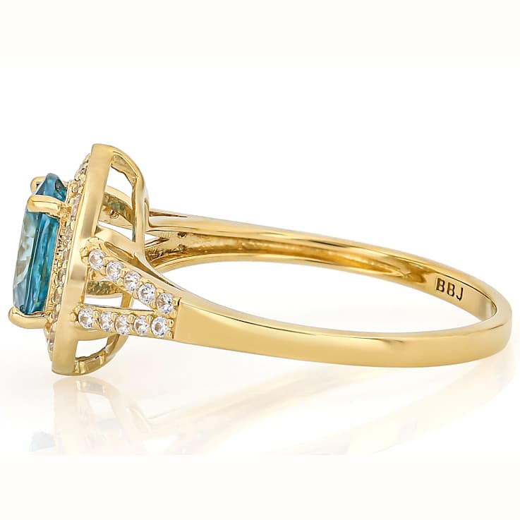 Blue Zircon And White Zircon Oval Ring In 18K Gold Over Sterling Silver 2.23ctw