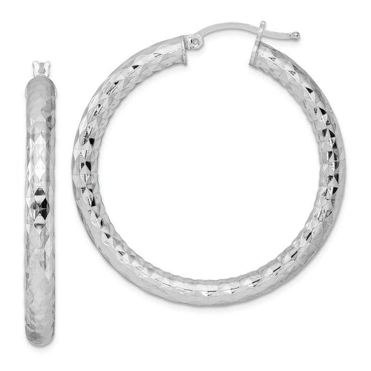 Rhodium Over Sterling Silver 4.00mm Diamond-cut Hoop Earrings