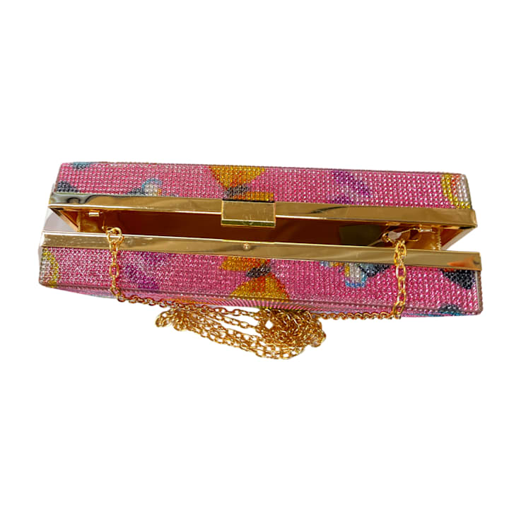 Gold Tone Pink Crystal Multi Butterfly Rhinestones Square Clutch