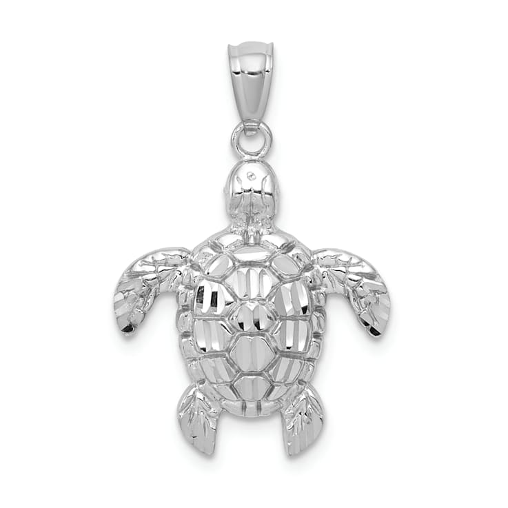 Rhodium Over 14K White Gold Diamond-cut Polished Sea Turtle Pendant