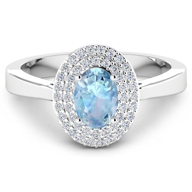 0.86ctw Blue Aquamarine and Diamond 14K White Gold Halo Ring