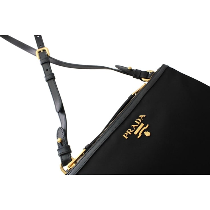 Prada Logo Tessuto Nylon Soft Calf Trim Black Crossbody Bag