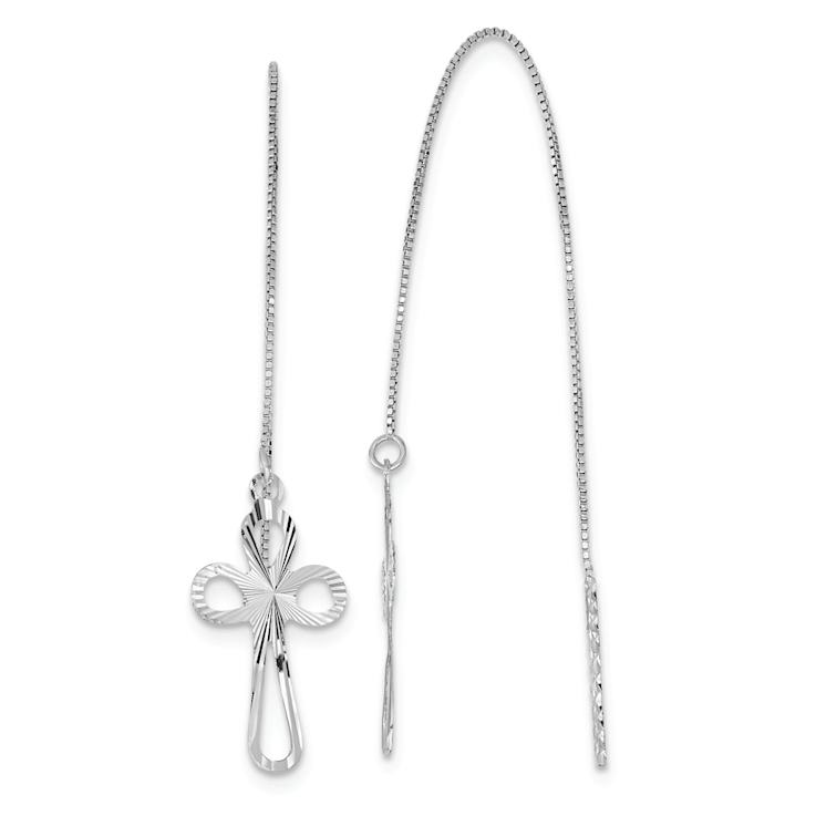 Rhodium Over 14k White Gold Polished and Diamond-Cut Box Chain with
Cross Dangle Earrings