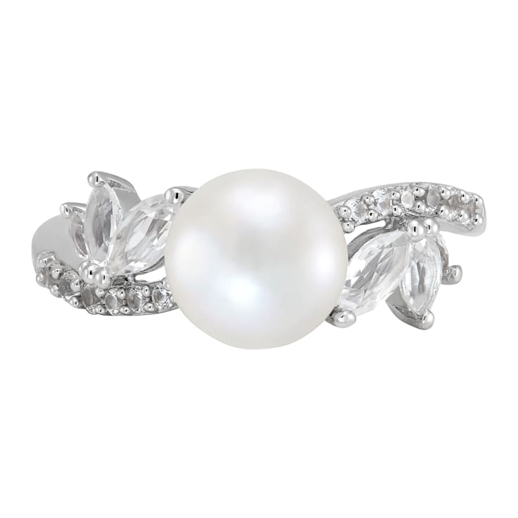 8mm Button White Freshwater Pearl and White Sapphire Sterling Silver Ring