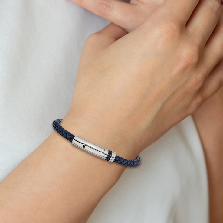 Blue Leather and Stainless Steel Polished 8.25-inch Bracelet