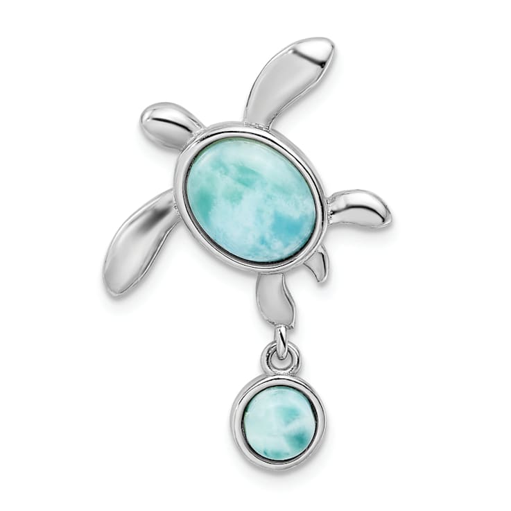 Rhodium Over Sterling Silver Polished Larimar Turtle Chain Slide Pendant