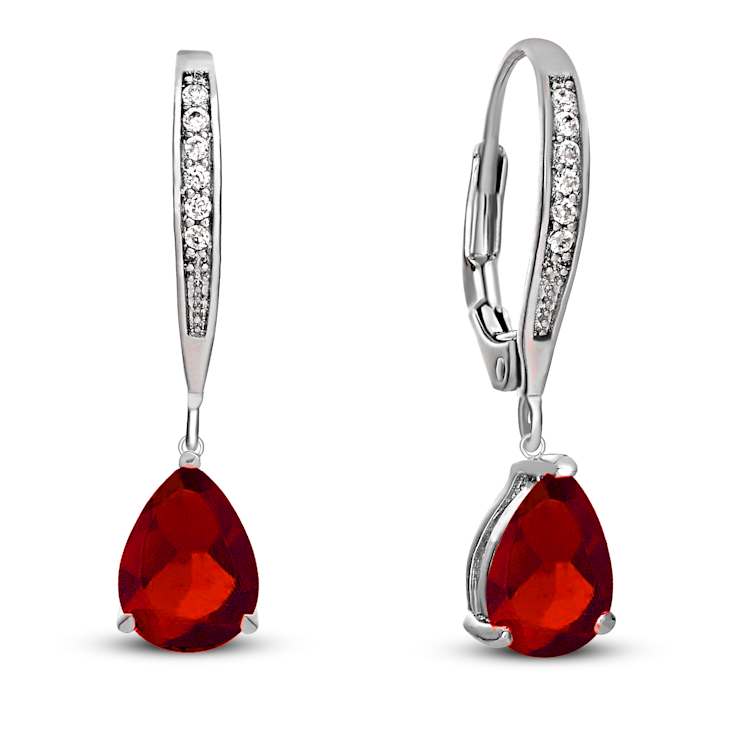Ruby Color CZ Teardrop Drop Earrings In Sterling Silver