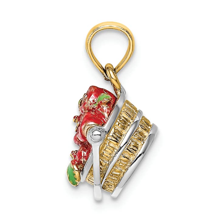 14K Two-tone Gold  3D Textured Multi-Color Enamel Apple Basket Charm