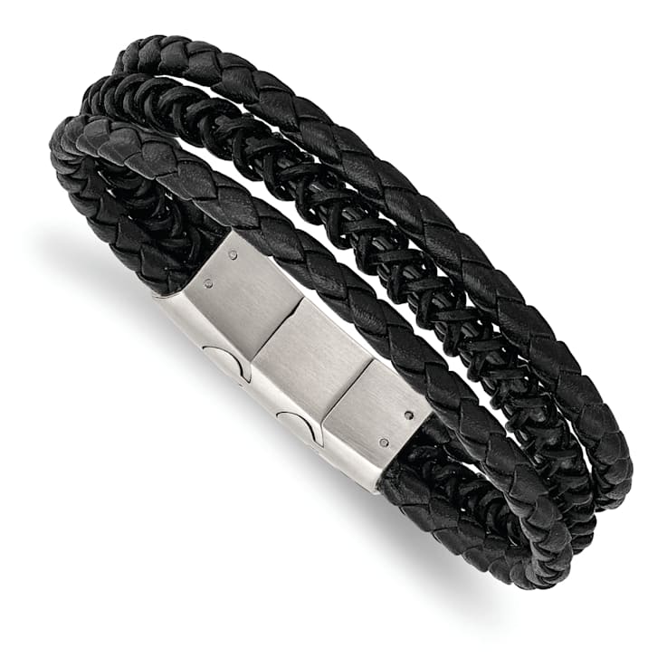 Black Leather and Stainless Steel Brushed and Polished IP Plated with
0.5-inch Extension Bracelet