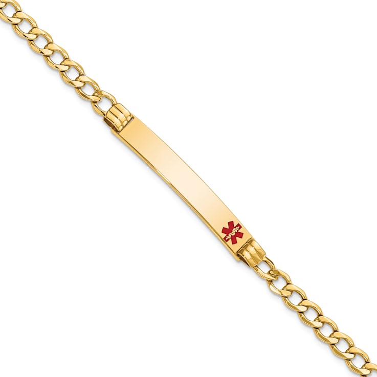 14k Yellow Gold Medical Polished Red Enamel Cuban Link ID Bracelet