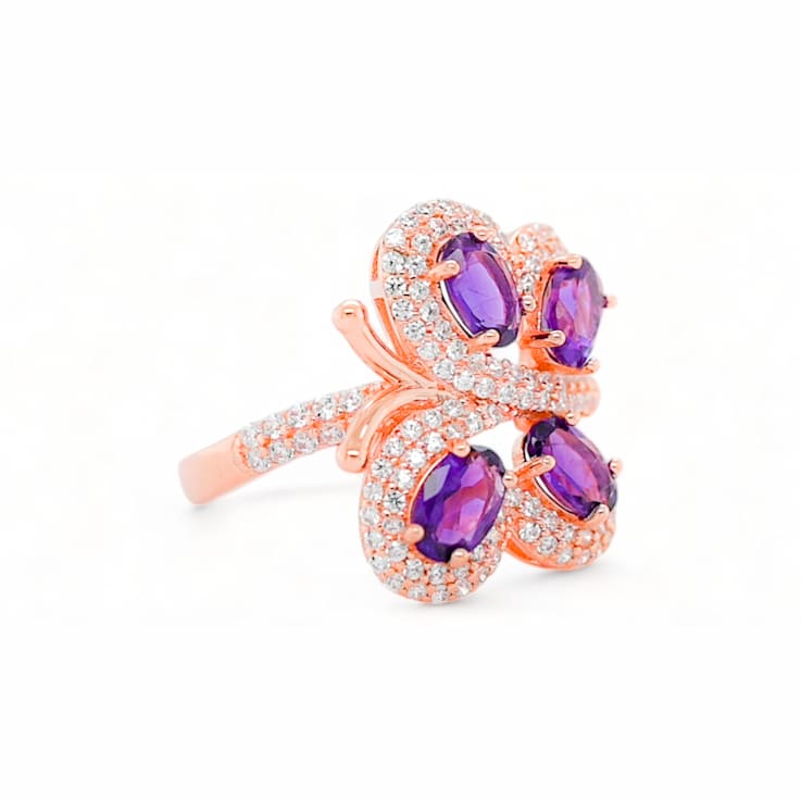 6x4mm Oval Amethyst and White CZ 18K Rose Gold Over Sterling Silver
Ring, 1.50ctw