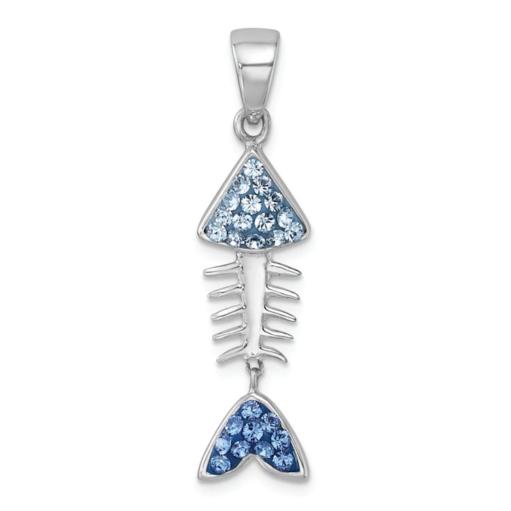Rhodium Over Sterling Silver Moveable Blue Crystal Bonefish Pendant