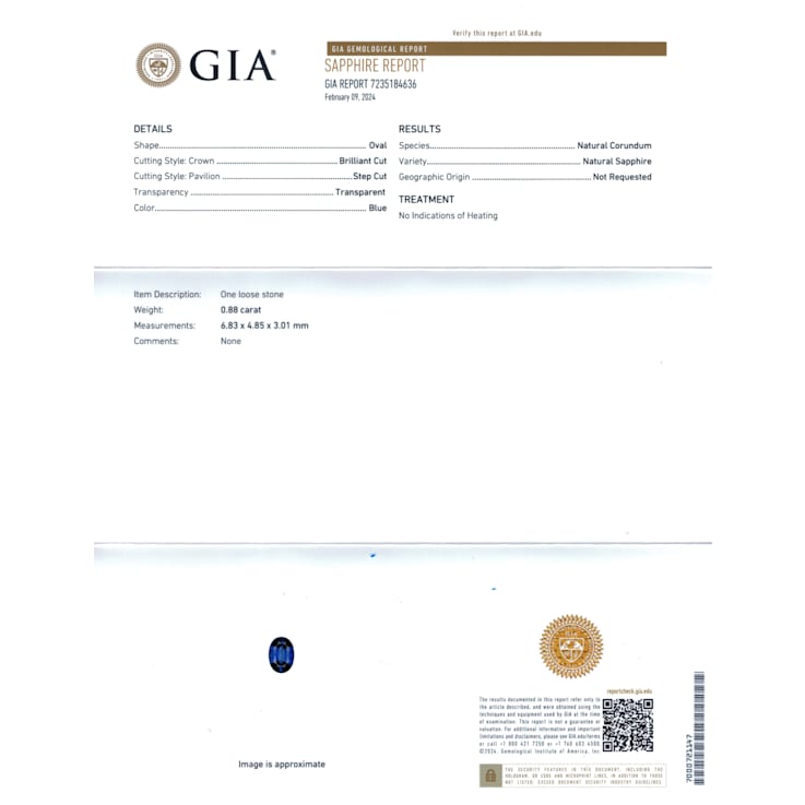 Sapphire Unheated 6.83x4.85mm Oval 0.88ct