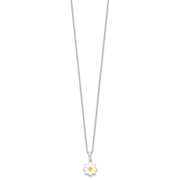 Sterling Silver Polished Yellow and White Enamel Flower Children's Necklace
