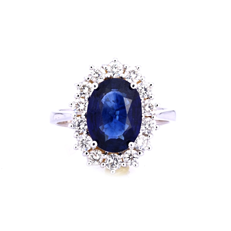 3.73 Ctw Blue Sapphire and 1.16 Ctw White Diamond Ring in 14K WG