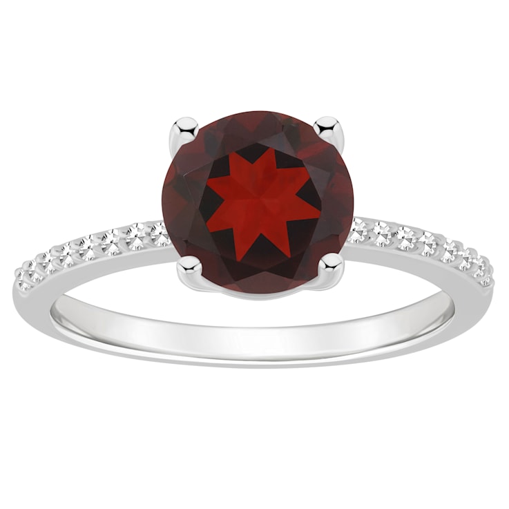8mm Round Garnet and 1/10 ctw Diamond Rhodium Over Sterling Silver Ring
