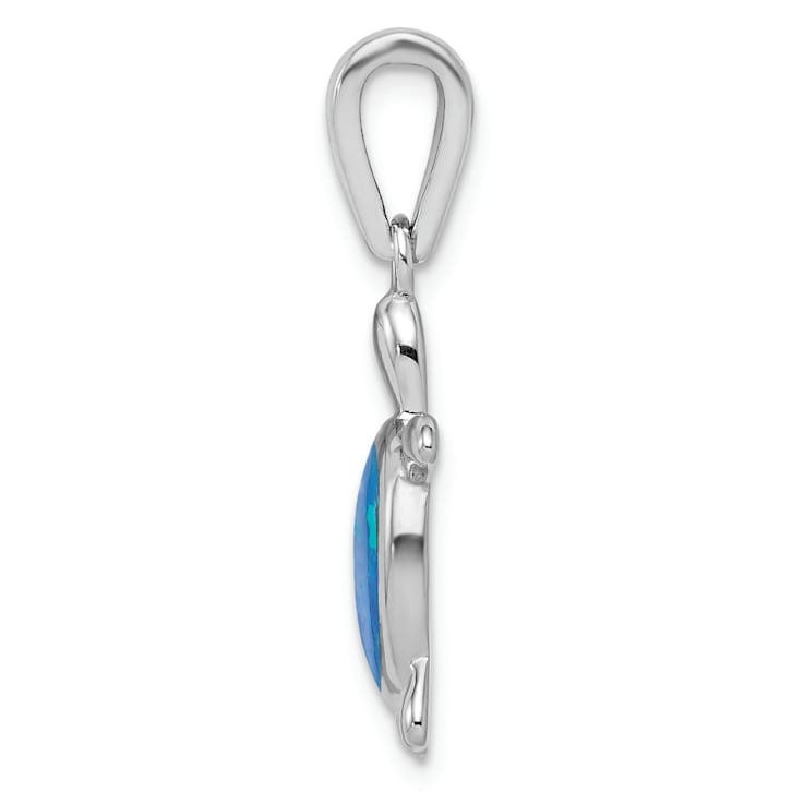 Rhodium Over Sterling Silver Lab Created Blue Opal Turtle Pendant