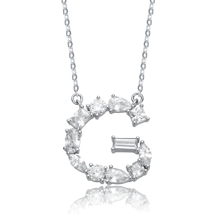 Initial G Mixed Cut CZ Pendant Necklace In Sterling Silver 18 Inch
