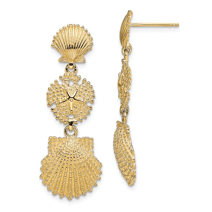 14k Yellow Gold Textured Scallop, Sand Dollar and Scallop Dangle Earrings