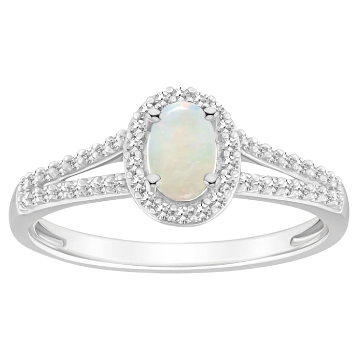 6x4mm Oval Opal 1/4 ctw Diamond Rhodium Over Sterling Silver Halo Ring