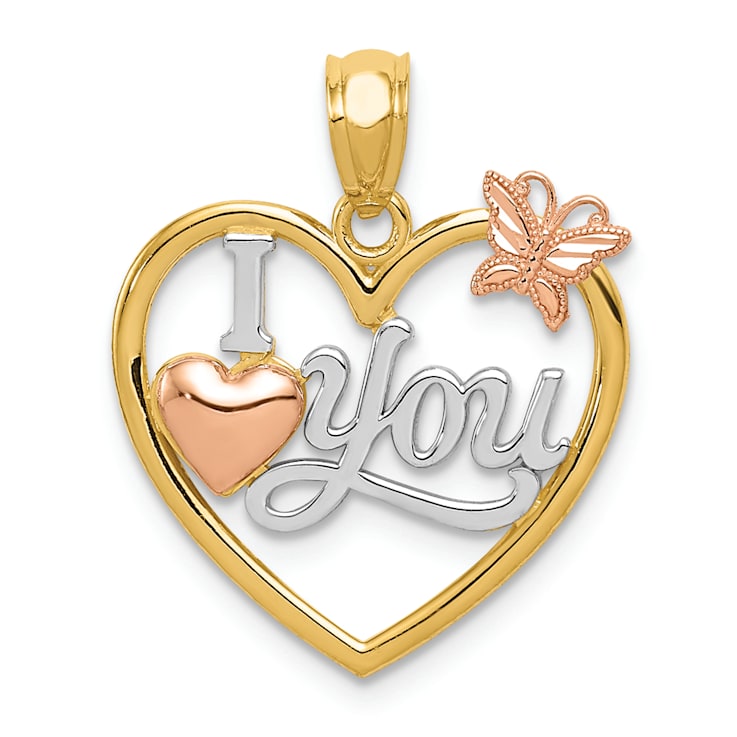 14k Tri-color Gold I LOVE YOU Heart with Butterfly Pendant