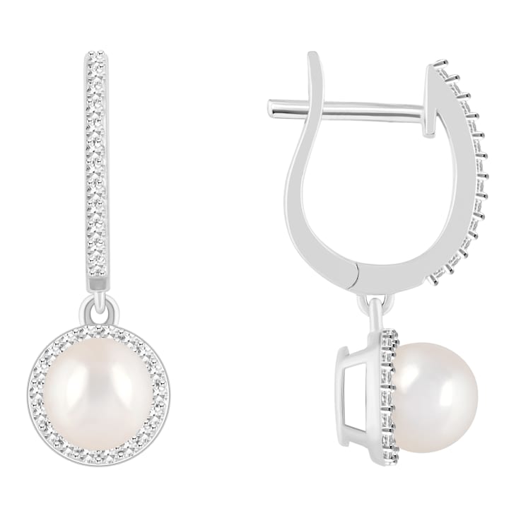 6mm Cultured Freshwater Pearl 1/3 ctw Diamond Rhodium Over Sterling
Silver Halo Dangle Earrings