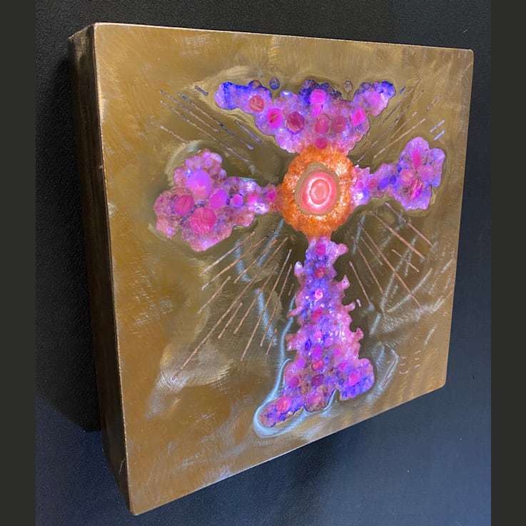 'Purple Cross' - Gemstone Art With Ruby, Azurite, Rhodochrosite, Orange
Calcite, and pink Tourmaline