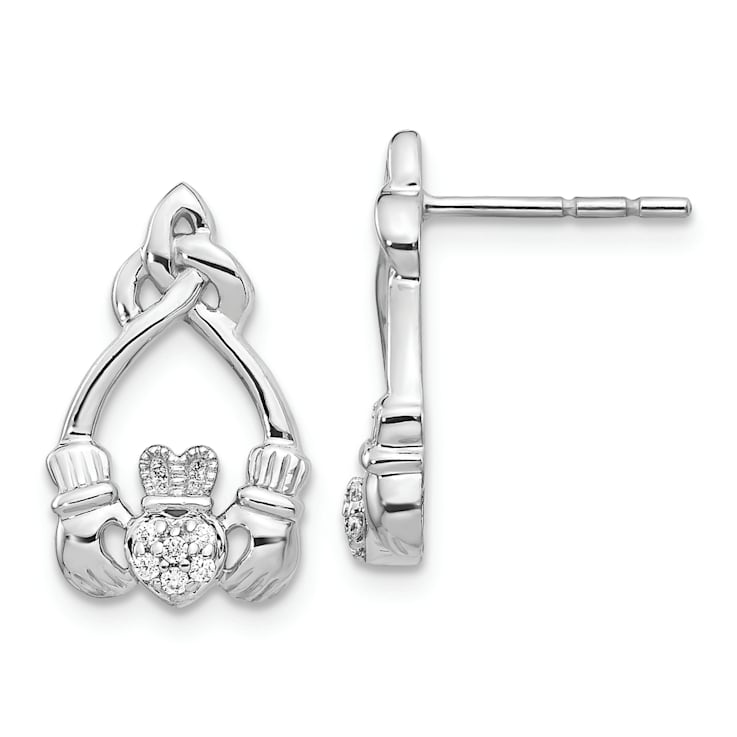 Rhodium Over 14k White Gold Diamond Claddagh Stud Earrings